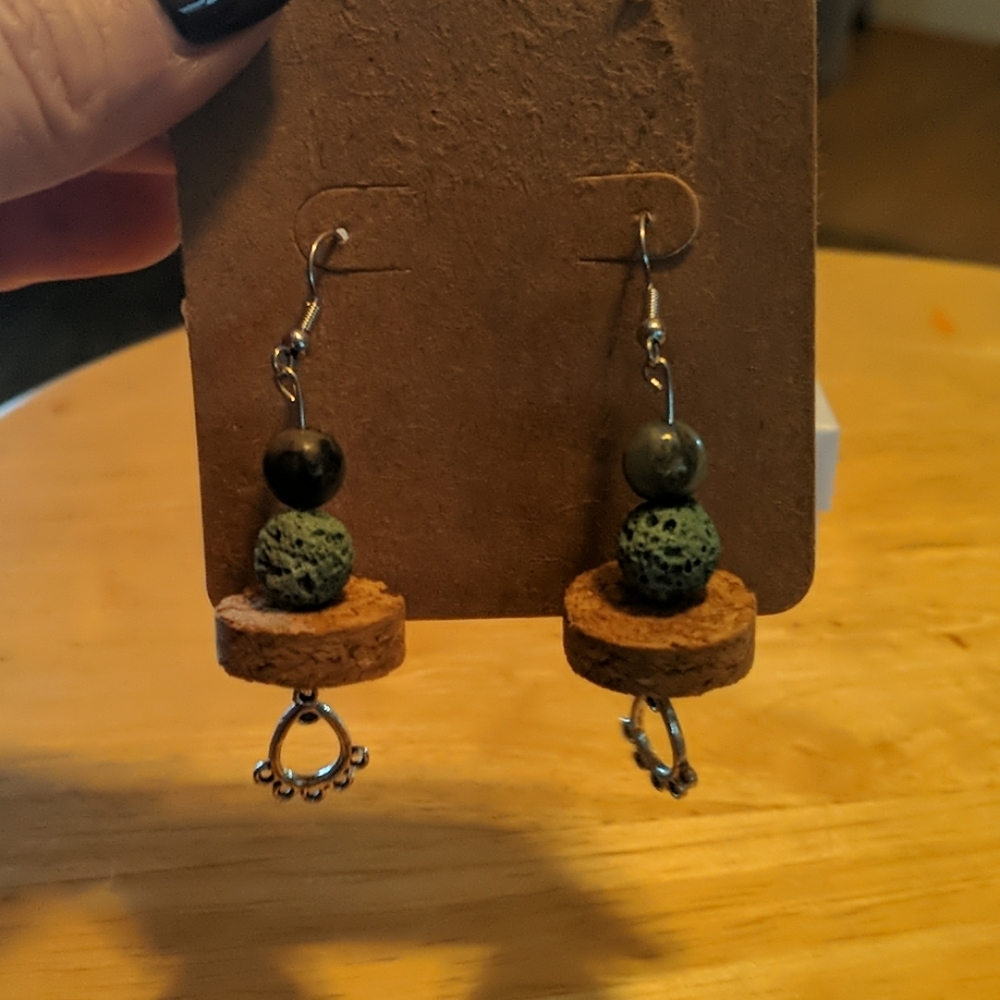Handmade fish hook cork and bead dangle earrings